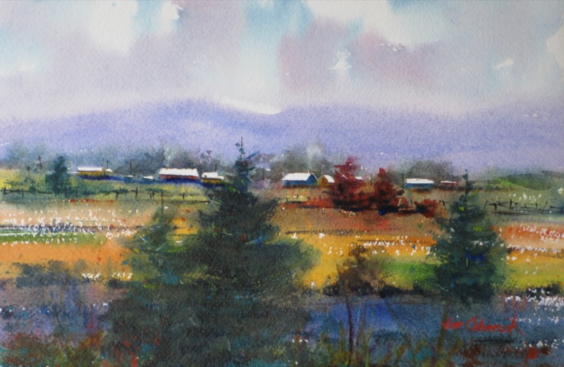 landscape, hills, town, rural, original watercolor painting, oberst